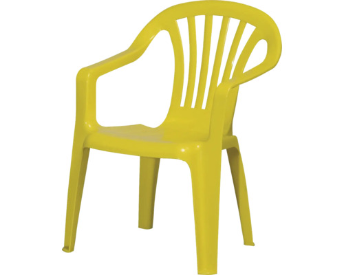Chaise de jardin jaune pour enfants en plastique avec accoudoirs.