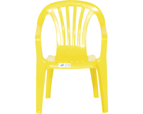 Chaise de jardin jaune en plastique avec accoudoirs, dossier à barreaux verticaux et label de sécurité contrôlée.