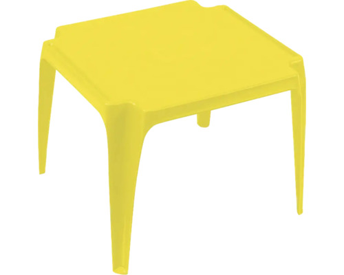 Table carrée pour enfants en plastique jaune.