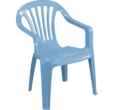Chaise de jardin bleue en plastique pour enfants avec accoudoirs et dossier haut.