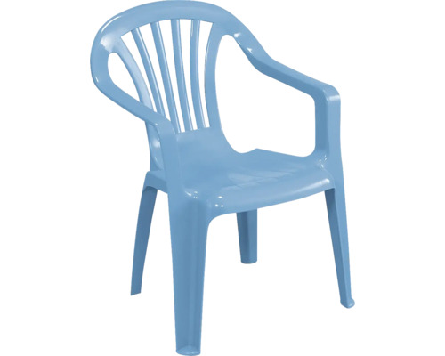 Chaise de jardin bleue en plastique pour enfants avec accoudoirs et dossier haut.