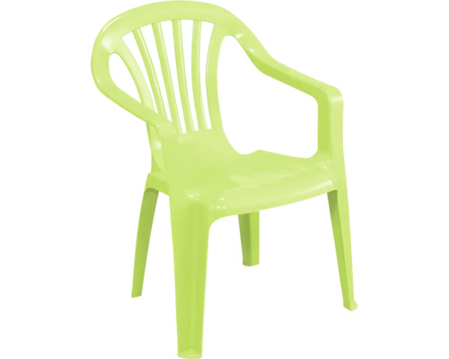 Chaise de jardin empilable en plastique vert citron avec accoudoirs et dossier à lattes.