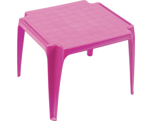 Table pour enfants carrée en plastique rose avec un plateau structuré.