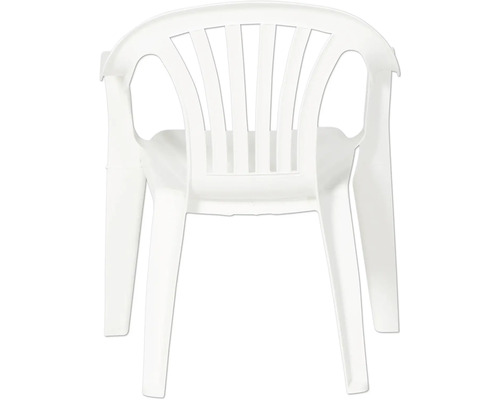 Chaise de jardin empilable blanche en plastique avec dossier à lattes et accoudoirs.