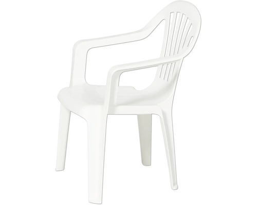 Chaise de jardin blanche en plastique avec accoudoirs et dossier à lattes.