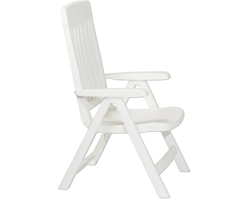 Chaise de jardin blanche en plastique avec dossier haut et accoudoirs, pliable.