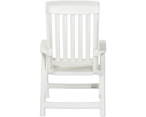 Chaise de jardin pliante blanche en plastique avec dossier haut et accoudoirs, vue arrière.