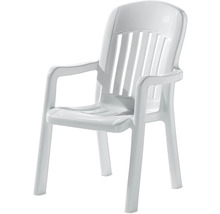 Fauteuil de jardin empilable en plastique blanc avec accoudoirs et dossier à lattes verticales.