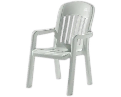 Chaise de jardin empilable blanche en plastique avec accoudoirs et dossier haut.
