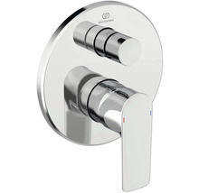 Unterputz-Einhebelmischer für Wanne und Brause von Ideal Standard, verchromt, mit runder Rosette und Umsteller. Ideal Standard Logo.