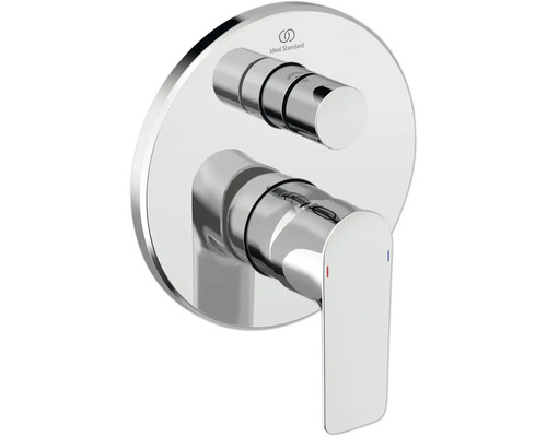 Unterputz-Einhebelmischer für Wanne und Brause von Ideal Standard, verchromt, mit runder Rosette und Umsteller. Ideal Standard Logo.