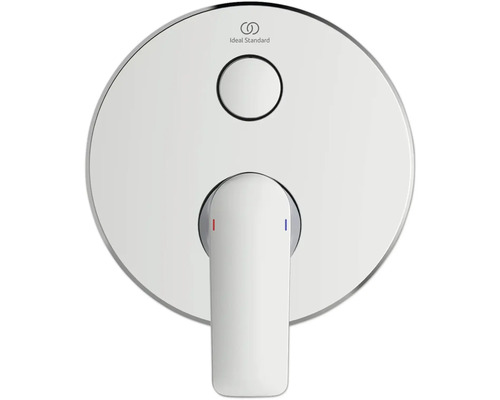 Ideal Standard Unterputz Einhebelmischer für Dusche oder Badewanne mit runder Rosette, Umsteller, Ideal Standard Logo und Temperaturmarkierung.