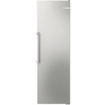 Congélateur armoire Bosch en acier inoxydable avec poignée verticale.
