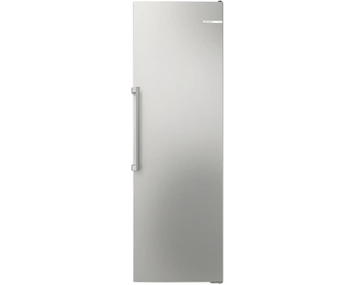 Congélateur armoire Bosch en acier inoxydable avec poignée verticale.