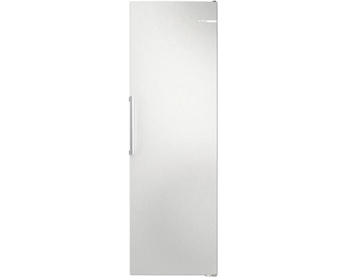 Porte de réfrigérateur Bosch aspect acier inoxydable avec poignée verticale et Bosch Logo.
