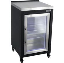 Réfrigérateur à boissons d'extérieur Tenneker avec porte vitrée, plateau en acier inoxydable, trois clayettes et roulettes.