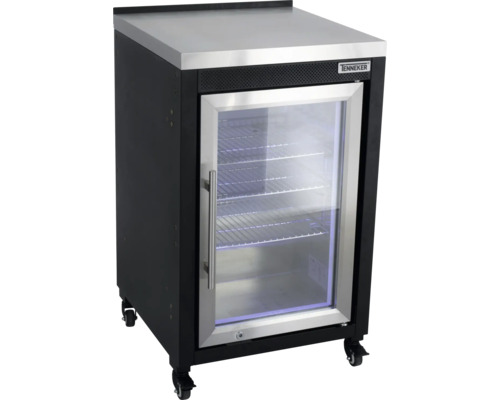 Réfrigérateur à boissons d'extérieur Tenneker avec porte vitrée, plateau en acier inoxydable, trois clayettes et roulettes.