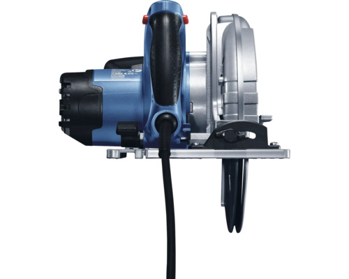 Handkreissäge mit blauem Gehäuse, silberner Grundplatte und schwarzem Kabel