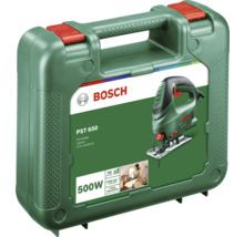 Bosch Logo. Bosch Stichsäge PST 650 im grünen Kunststoffkoffer, 500 Watt, Schnitttiefe 65 Millimeter, Hubzahl 3100 pro Minute, 3 Jahre Garantie.