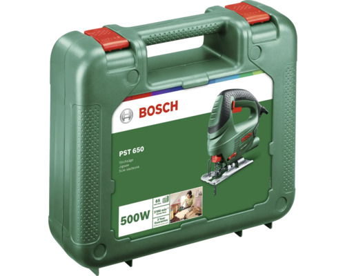 Bosch Logo. Bosch Stichsäge PST 650 im grünen Kunststoffkoffer, 500 Watt, Schnitttiefe 65 Millimeter, Hubzahl 3100 pro Minute, 3 Jahre Garantie.