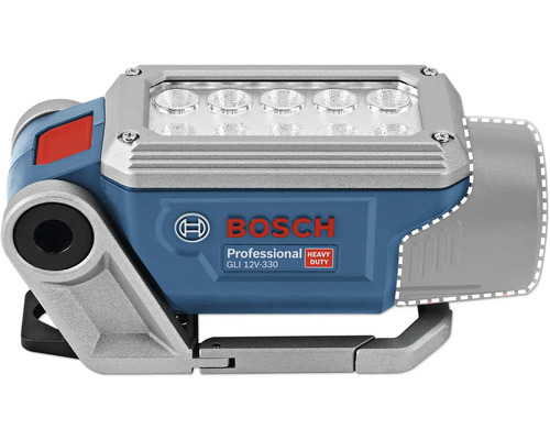 Bosch Professional Akku-Lampe GLI 12 Volt-330 mit 10 LEDs und verstellbarem Standfuß.