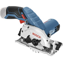 Bosch Akku-Handkreissäge mit ergonomischem Griff, weißer Schutzhaube und silberner Grundplatte.