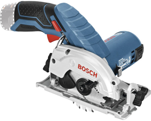 Bosch Akku-Handkreissäge mit ergonomischem Griff, weißer Schutzhaube und silberner Grundplatte.