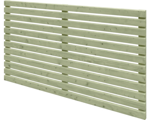 Panneau brise-vue horizontal en bois imprégné sous pression avec lattes étroites.