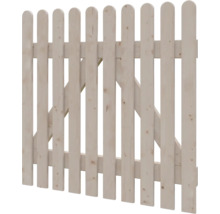 Portillon de jardin en bois avec lattes arrondies et renfort diagonal.