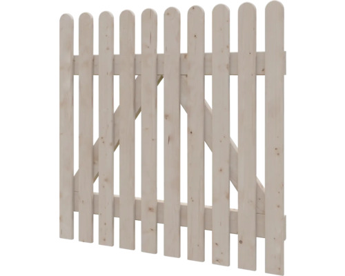 Portillon de jardin en bois avec lattes arrondies et renfort diagonal.