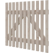 Zaitpaart aus Holz mat vertikale Latten an diagonaler Verstriewung fir de Gaart.