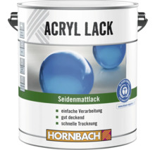 Hornbach Acryl Lack Seidenmattlack, umweltfreundlich, gut deckend, schnelltrocknend, Hornbach Logo.