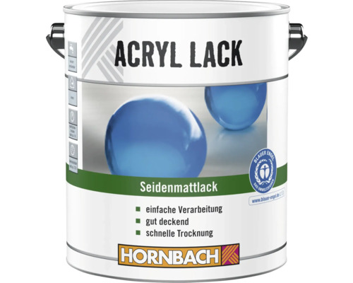 Hornbach Acryl Lack seidenmatt, wasserverdünnbar, schnell trocknend, gut deckend, umweltfreundlich zertifiziert, Hornbach Logo.