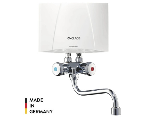 Petit chauffe-eau instantané Clage M3/SMB hydraulique avec robinetterie Petit chauffe-eau instantané Clage avec robinetterie à deux poignées et bec courbé. Fabriqué en Allemagne.