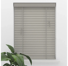 Store vénitien gris avec galons larges dans un cadre de fenêtre, atmosphère lumineuse et ordonnée avec une plante d'intérieur.