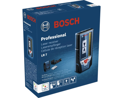 Bosch Professional Laserempfänger LR 7 Set inklusive Halterung, Batterien und Schutztasche mit Staubschutz und Spritzwasserschutz IP 54.
