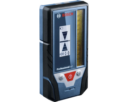Bosch Laserempfänger Professional LR 7 mit Display für Ausrichtungsanzeigen, Bedienelementen und Sensorfenster. Bosch Logo.