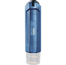 Rückansicht einer blauen Bosch Akku-Arbeitsleuchte GLI 10,8 Volt mit technischen Angaben auf dem Etikett und strukturiertem Kunststoffgehäuse.