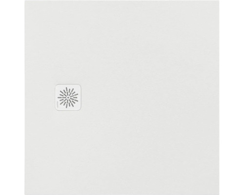 Receveur de douche carré avec une surface texturée et un couvercle de bonde carré assorti avec un motif à rayons.