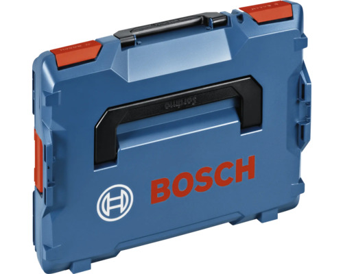 Mallette à outils Bosch L-Boxx bleue en plastique avec poignées noires et fermetures à clic rouges.