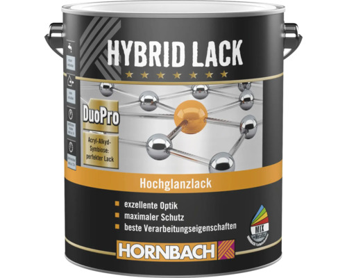 Hornbach Hybrid Lack Hochglanzlack in der Dose, DuoPro Acryl-Alkyd-Symbiose, zum Mischen, Hornbach Logo.