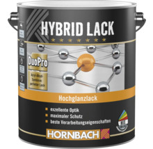 Hornbach Hybrid Lack Hochglanzlack, DuoPro Technologie auf Acryl-Alkyd-Basis, Hornbach Logo.