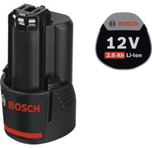 Schwarzer Bosch Lithium-Ionen Akku 12 Volt 2,0 Amperestunden, Bosch Logo.