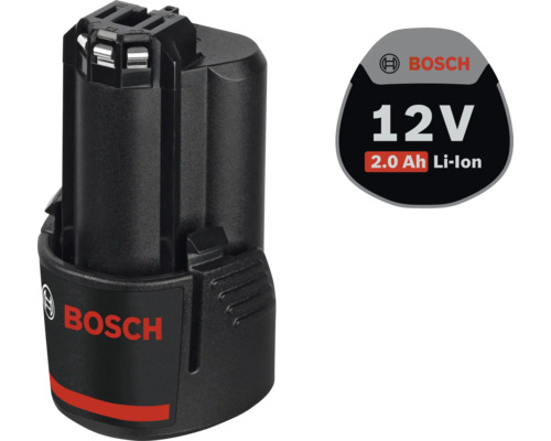 Schwarzer Bosch Lithium-Ionen Akku 12 Volt 2,0 Amperestunden, Bosch Logo.