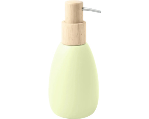 Distributeur de savon avec corps vert menthe et tête de pompe aspect bois.