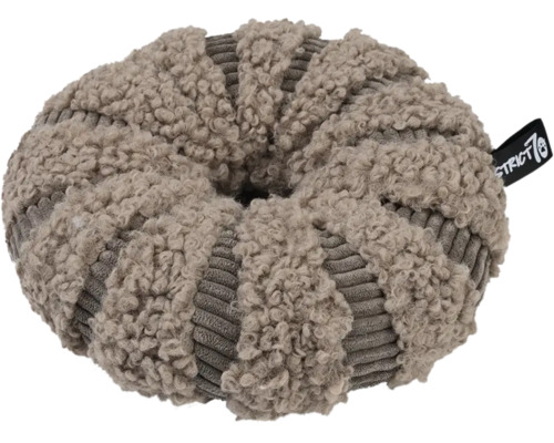Jouet pour animaux de compagnie en forme de beignet avec rayures alternées de peluche bouclée et de velours côtelé. Logo District 70.
