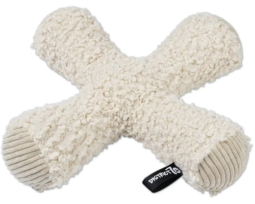 Jouet pour chien en peluche en forme de X avec texture type peluche, extrémités côtelées et District 70 Logo.