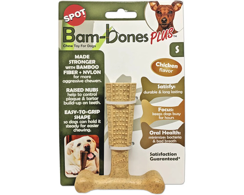 Jouet à mâcher Bam-Bones Plus pour chiens en fibre de bambou et nylon avec picots et saveur poulet, taille S.