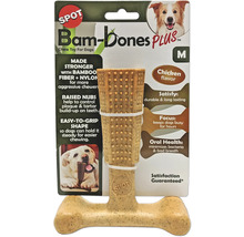 Logo Spot. Jouet à mâcher Bam-Bones Plus pour chiens en fibres de bambou et nylon au goût de poulet avec picots dentaires en taille Medium.