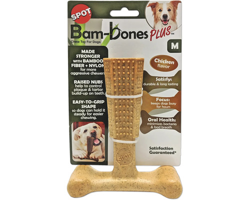 Logo Spot. Jouet à mâcher Bam-Bones Plus pour chiens en fibres de bambou et nylon au goût de poulet avec picots dentaires en taille Medium.